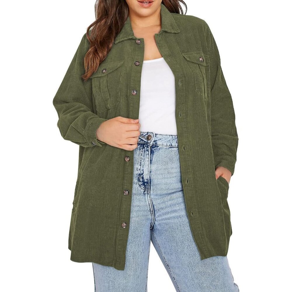 🆕Women's Green Plus Size Plaid Shacket Long Sleeve Button Down Casual Jacket